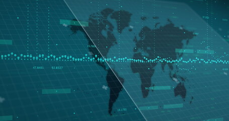 Image of financial graphs over world map on green background