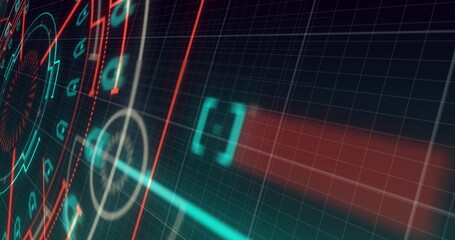 Image of data processing and neon circles in black digital space