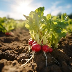Freshly picked radish placed in a field on a beautiful sunny day.