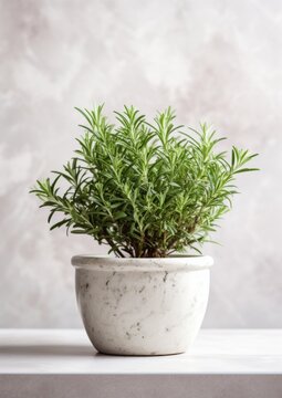 Fresh rosemary planted in a flowerpot on a light background.