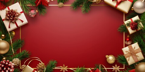 Christmas background background with Christmas wreath and gifts, golden frame or boarder, realistic detailing, innovative page design, richly colored, metallic rectangles, realistic details.