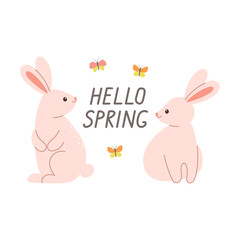 Hello spring design with two cute pink rabbits and butterflies Design element for cards, posters, postcards and stickers. Isolated vector illustration