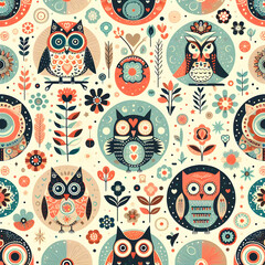 Naklejka premium seamless pattern with owls seamless, flowers, design, vector, texture, wallpaper, art, decor, pink, cartoon, floral, nature, flower, birds, repetition, illustration, Ai generated 