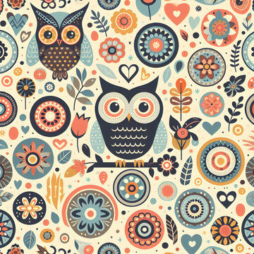 seamless pattern with owls and flowers.  seamless, flowers, design, art, texture, vector, wallpaper, cartoon, flower, pink, decor, floral, illustration, bird, owl, decoration, summer,Ai generated 