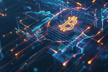 Futuristic Bitcoin Visualization, Glowing Code Lines