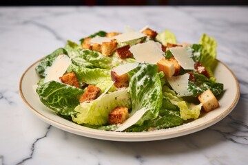 Macro view photography of a juicy caesar salad on a marble slab against a white marble background. AI Generation