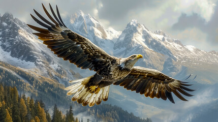 Majestic Eagle Soaring With Spread Wings Against Snow-Capped Mountains And Warm Sunset Light.