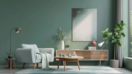 Comfortable soft armchair sofa near wooden coffee table over the grey carpet with large white wooden cabinet and houseplant in mint color wall