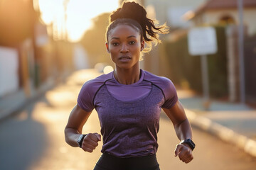 A multiethnic woman jogging on a street with soft diffused light and blurred background, wearing a...