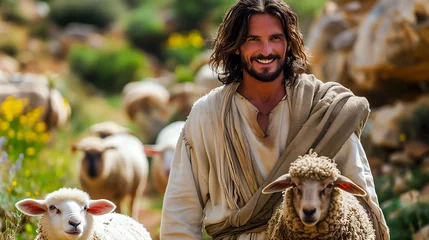 Fotobehang Smiling Man With Long Hair Carrying A Lamb In A Rustic Setting With A Flock Of Sheep © Greg Kelton