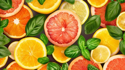 Lemon, oranges, grapefruit slice, basil leaves seamless pattern rasterized copy  - obrazy, fototapety, plakaty