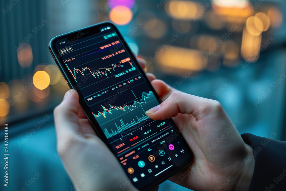 Poster a person holding a smartphone with a cryptocurrency trading app open. the app displays real-time mar