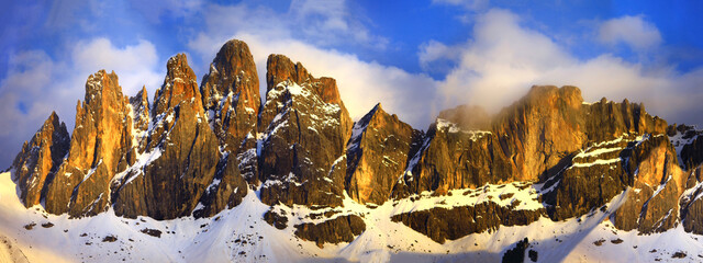 Beauty in nature - most beautiful mountain range in europe - Dolomites Alps. aerial view of stunning rocks over sunset. Vall di Funes, south Tyrol, Italy - 747418433