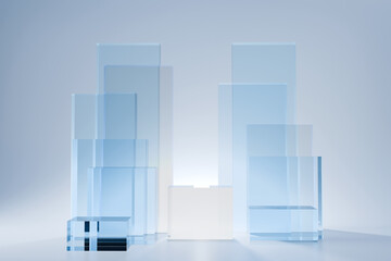 Glass podium with complex reflection and hard shadows on background. 3d stands