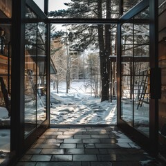 a glass doors leading to a snowy landscape