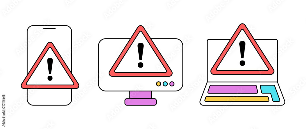 Poster illustration of a broken laptop. error warning sign on the screen. vector image of a broken or repai