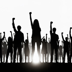 Fototapeta premium Silhouette Men and Women Holding Fists in the Air, Stay strong, Solidarity, Protesting or Unity concept