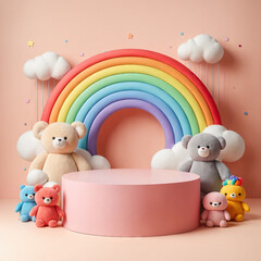 Round podium with rainbow and plush soft colorful toys