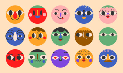 Round portraits of diverse people.Cute funny characters. Cartoon, minimal, abstract contemporary style. Avatar, icon templates. Hand drawn Vector isolated illustrations EPS10