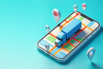 Cargo transportation, cargo delivery. Truck with container on map with satellite tracking and  GPS markers