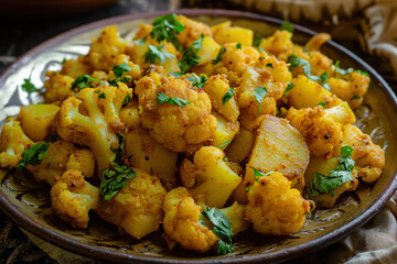 A plate of aloo gobi, a vegetarian dish made with potatoes, cauliflower, and Indian spices
