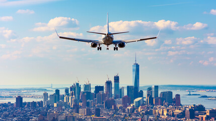 Airplane flying over cityscape in the blue sky on background