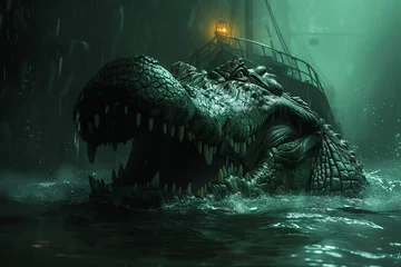 Rolgordijnen Serrated teeth gleam beneath the murky depths, crocodile kings lurk. © Shamim