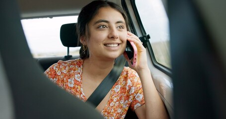 Woman, phone call and road trip in car with talk, chat or conversation by window, journey or...