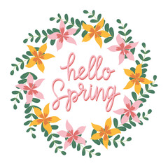 Hand drawn lettering Hello spring card with decorative floral frame, vector illustration for greeting card, invitation template. Retro, vintage lettering banner, poster, background.