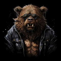 The bear is standing in front of a black background. The bear is wearing sunglasses and a blue jeans jacket. The bear has fur around its mouth and saliva dripping from its mouth.