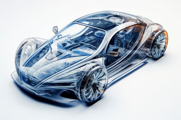 Transparent car design concept on white background. Technical automotive visualization