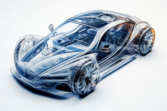 Transparent car design concept on white background. Technical automotive visualization