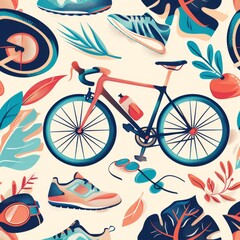 pattern with healthy lifestyle icons, running sneakers, swimming goggles, bicycle. ai generated