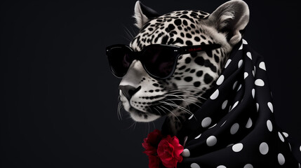 Fashion portrait of a white leopard in glasses and a scarf with red flowers on a black background. Animal character close up.