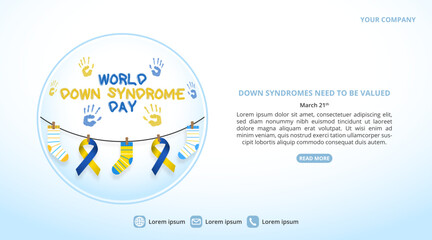 World Down Syndrome Day background with ribbons and socks and hand prints
