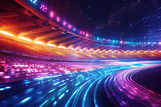 Vibrant stadium lights with a neon digital racetrack extending towards horizon