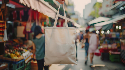 A canvas bag hanging from one finger, with a bustling street market in the background, emphasizing everyday utility and style, person holding bag canvas fabric for mockup blank tem