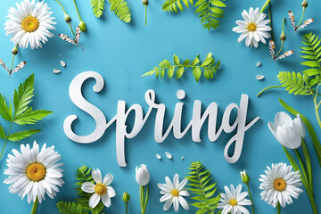 Spring Text with Daisies on Blue