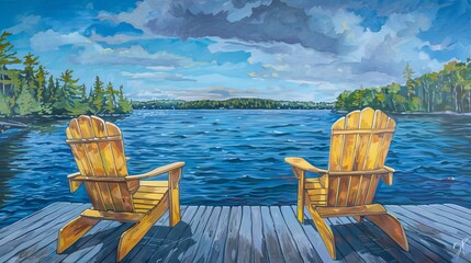 Muskoka or Adirondack Chairs at the end of a pier overlooking a large blue lake with a blue sky yellow  - obrazy, fototapety, plakaty