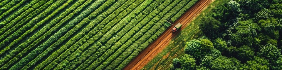 Aerial view of an expansive agricultural farm, view from sky, drone view.