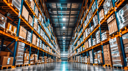 Large Industrial Warehouse Interior, Shelves with Boxes, Concept of Storage and Distribution - obrazy, fototapety, plakaty