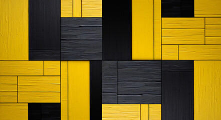 Bright yellow and black painted wooden planks in a geometric pattern. Different sizes and orientations create a dynamic, modern design perfect for artistic projects. - obrazy, fototapety, plakaty