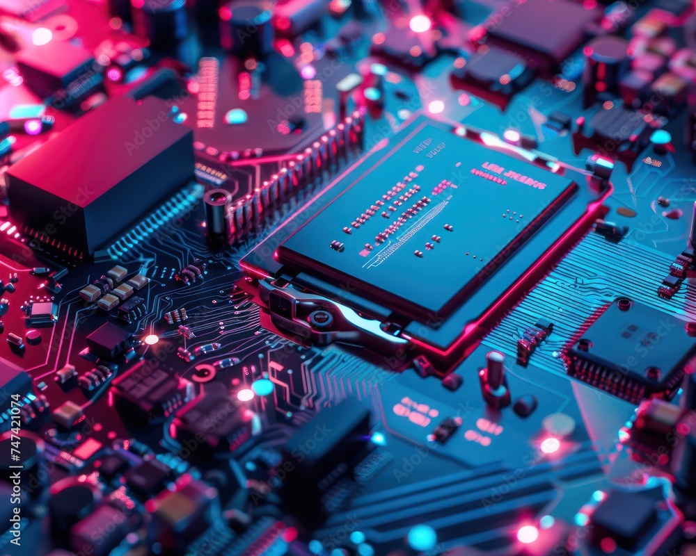 Poster close-up of circuit board with microchips and processors