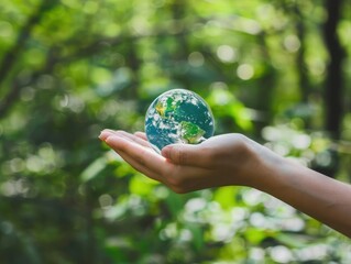 Hand Holding Earth Globe in Nature