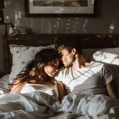 Fototapeta na wymiar a man and woman lying in bed