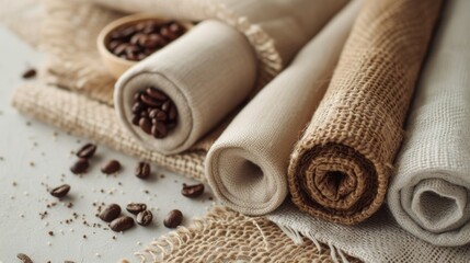 Fototapeta na wymiar Assorted burlap and cotton rolls with a bowl of coffee beans, creating a warm, rustic atmosphere. Fabric Made with Coffee Grounds, Coffee Fabric