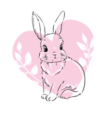 Vector Cute little Bunny and pink heart hand drawn, kids print