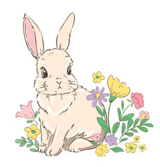 Vector Cute little Bunny and flowers hand drawn, Rabbit kids print
