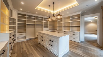 Elegant Walk-in Closet with Custom Cabinetry and Lighting. Generative ai