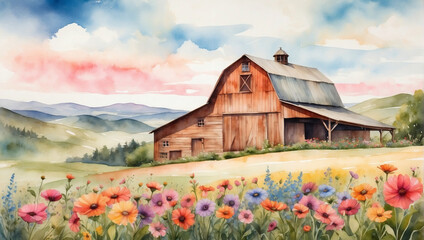 Rustic watercolor barn surrounded by rolling hills and wildflowers. - obrazy, fototapety, plakaty